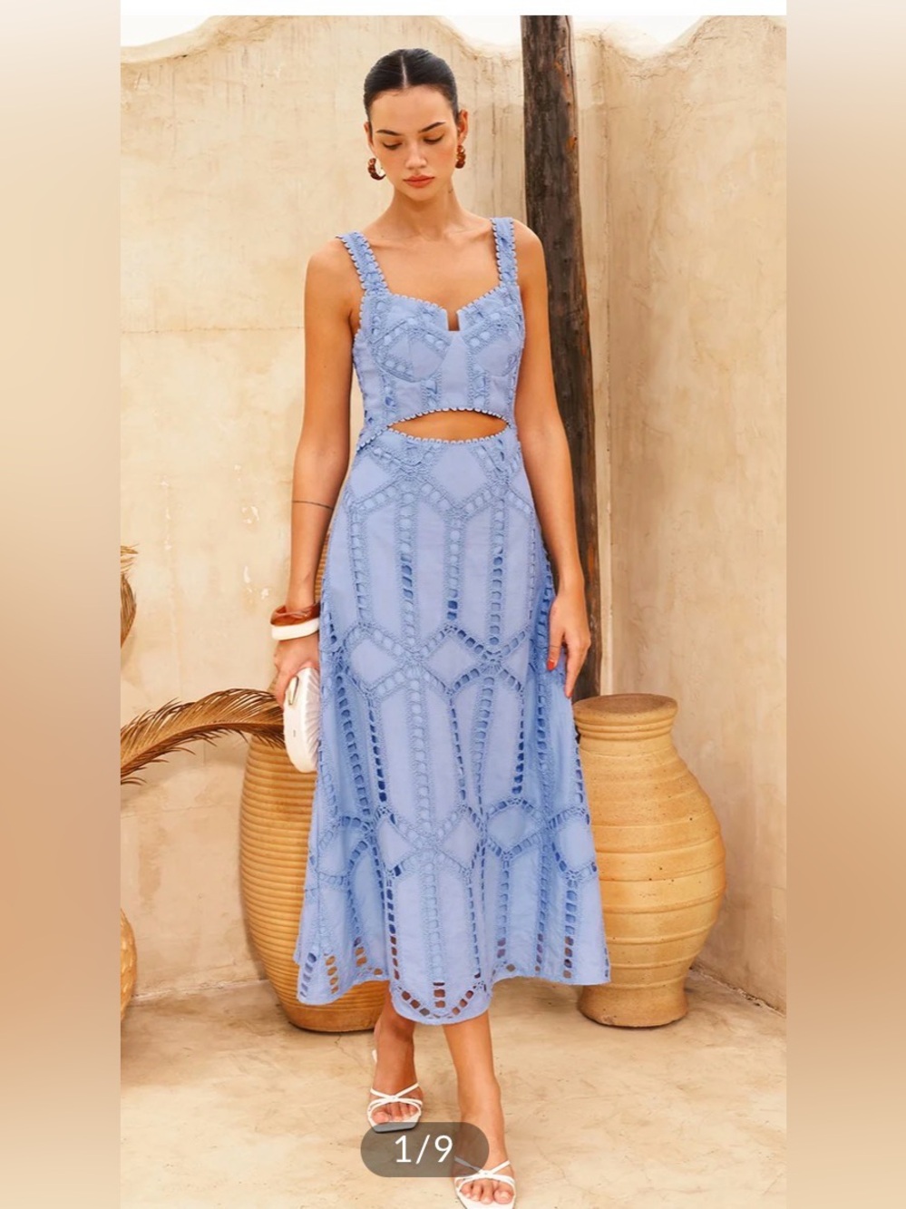 Commense Eyelet Cutout Waist Midi Dress